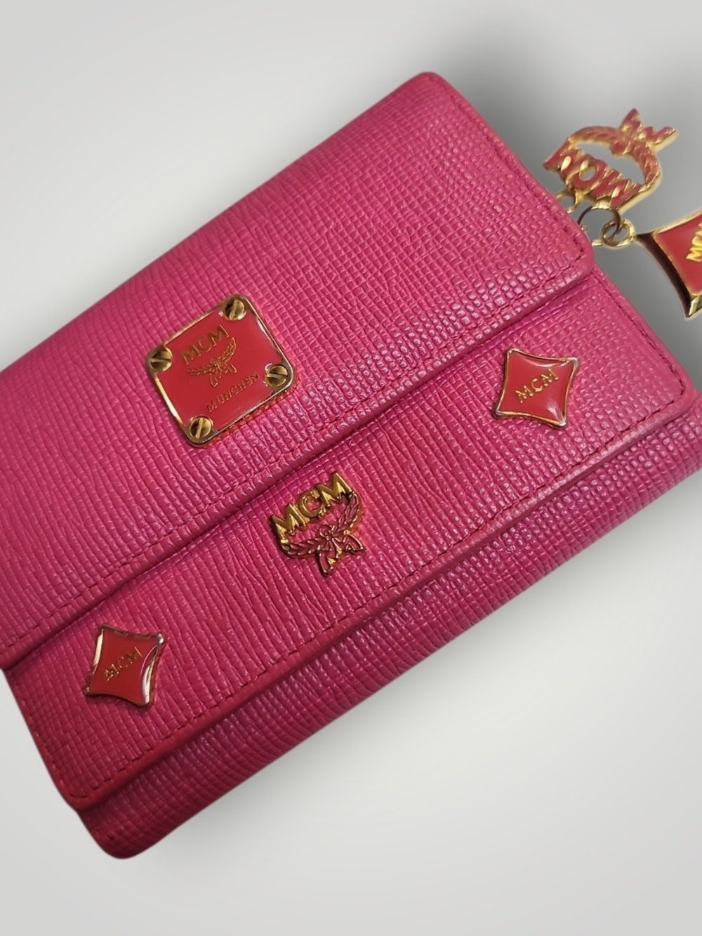 MCM Hot Pink Leather Trifold Wallet Charm Detail In Great Condition - Picture 5 of 16